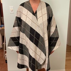 Gray and Beige Plaid Cozy and Warm Wool Blend Cape / Poncho